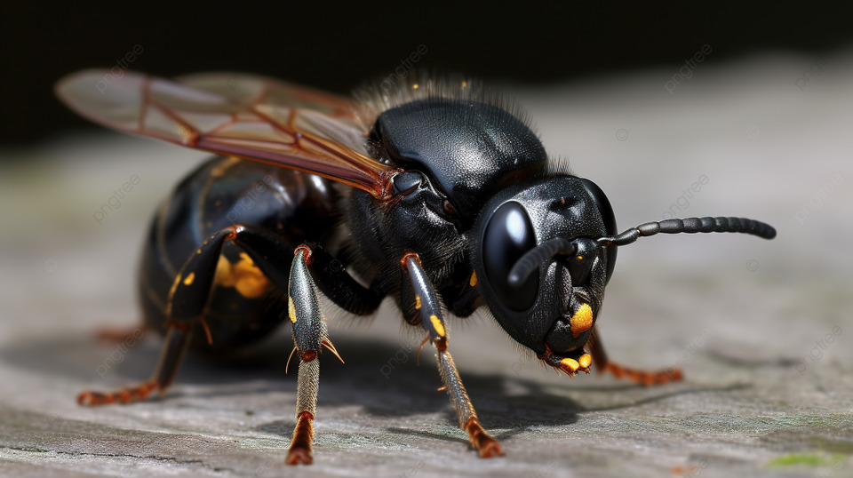 Black Wasp On Wood Has Large Black Eyes Background Black Hornet Black Wasp On Wood Has Large Black Eyes Background Black Hornet