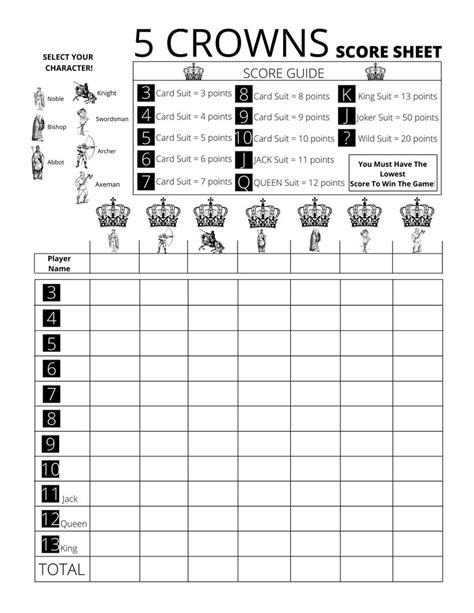 Free Printable 5 Crowns Score Sheet Free Printable 5 Crowns Score Sheet