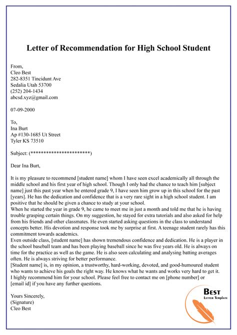 Letter Of Recommendation For Student