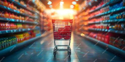 Navigating The Supermarket Aisle With A Shopping Cart Concept Grocery