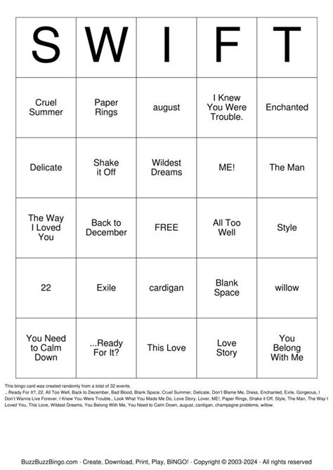 Taylor Swift Songs Bingo Cards To Download, Print And, 42% Off Taylor Swift Songs Bingo Cards To Download, Print And, 42% Off